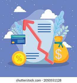 Document with increase arrow and money icons of interest theme