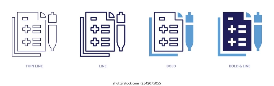 Icono de creación de índice de documento en 4 estilos diferentes. Línea delgada, línea, negrita y línea negrita. Estilo duotono. Trazo editable.