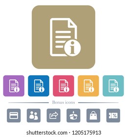 Document info white flat icons on color rounded square backgrounds. 6 bonus icons included