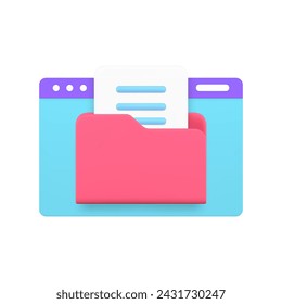 Document information file folder digital archive service web site browser 3d icon realistic vector illustration. Electronic data administration database management memory catalog cloud organize