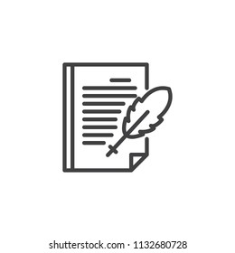 Document and ink feather pen outline icon. linear style sign for mobile concept and web design. Manuscript with quill pen simple line vector icon. Signature symbol, logo illustration
