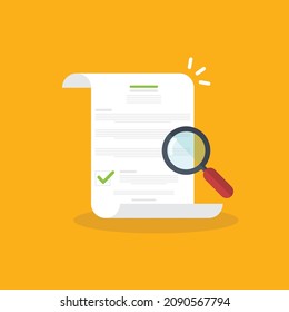 Document inspection or assessment evaluation, contract review, analysis, inspection of agreement contract, compliance verification. Vector illustration