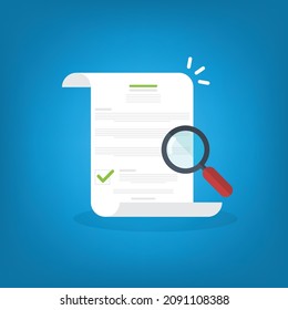 Document inspection or assessment evaluation, contract review, analysis, inspection of agreement contract, compliance verification. Vector illustration