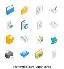 Document isometric icons set. Documentation. sheets of text. Paperwork. Document and file management. Work with text. Objects collection.. Vector illustration