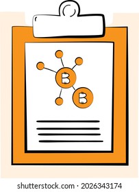 Document item with bitcoin crypto currency . Hand drawn doodle line art cartoon design. Business isolated vector illustration. Educational papers, paper work 

