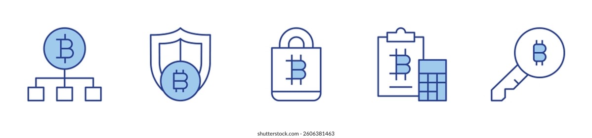 document, key, bitcoin. Bitcoin Icon vector illustration. Line Duotone style. Editable stroke.