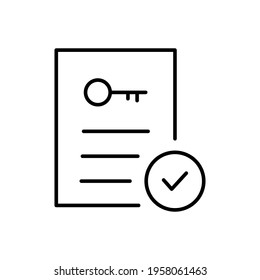 Document with key outline icon. Accept property line documents. Realtor rent document. Real estate contract information. Mortgage concept. Vector isolated on white