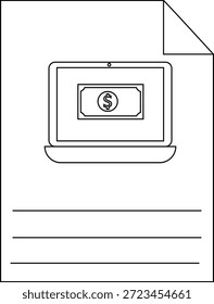 Um documento com um laptop exibindo uma nota em dólar e linhas para texto