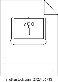A document with a laptop displaying a hammer icon and lines for writing