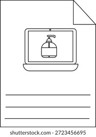 Un documento con una computadora portátil que muestra una botella de desinfectante para manos y líneas para escribir