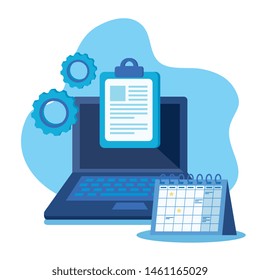 document with laptop technology and calendar with gears
