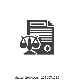 A document with a legal balance scale vector icon. filled flat sign for mobile concept and web design. Crypto Regulations glyph icon. Symbol, logo illustration. Vector graphics