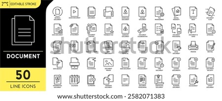 Document line editable icon set. vector ilustration. Document Files, Upload, Download, data backup, transfer document, Receipt, Document Approval, writing, project, processing, flow, and more.