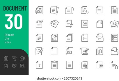 Document Line Editable Icons set. Vector illustration in thin line modern style of paper documentation icons: tables, analytics, questionnaire, and more. Isolated on white