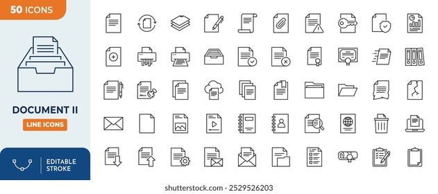 Symbolsatz für bearbeitbare Dokumentzeilen. enthält Papier, Dokument, Archiv, Ordner, legales Dokument, Zwischenablage, Post usw.