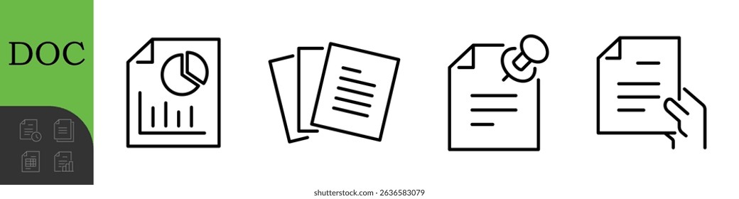 Document Line Editable Icons set. Vector illustration in thin line modern style of paper documentation icons: tables, analytics, questionnaire, and more. Isolated on white