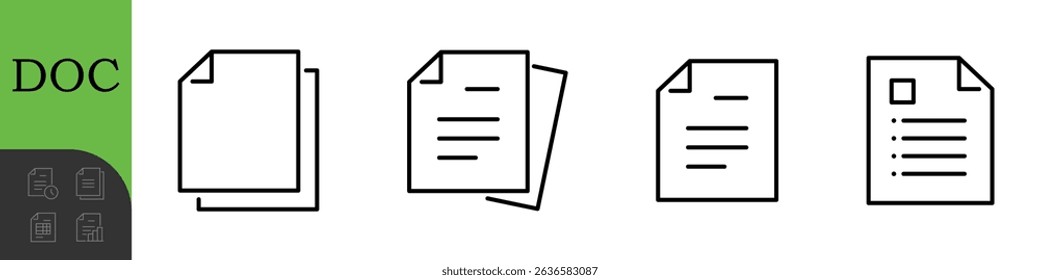 Document Line Editable Icons set. Vector illustration in thin line modern style of paper documentation icons: tables, analytics, questionnaire, and more. Isolated on white
