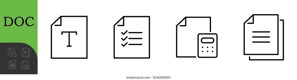 Document Line Editable Icons set. Vector illustration in thin line modern style of paper documentation icons: tables, analytics, questionnaire, and more. Isolated on white