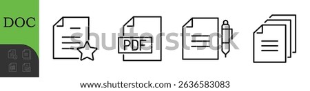 Document Line Editable Icons set. Vector illustration in thin line modern style of paper documentation icons: tables, analytics, questionnaire, and more. Isolated on white