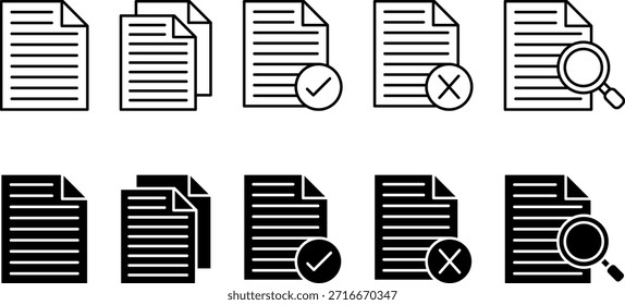 Iconos de línea de documento y relleno para archivos de oficina, gestión de papeleo, Aprobación y conceptos de búsqueda