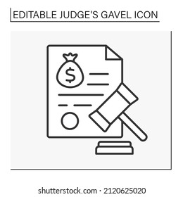  Document line icon. Court. Judge decision. Rights on money. Judge gavel concept. Isolate vector illustration. Editable stroke