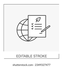  Document line icon. Ecology regulations. Notarized paper. Contract concept. Isolated vector illustration. Editable stroke