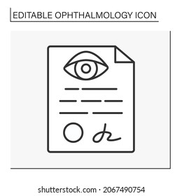 Icono de línea de documento. Certificado ocular para el permiso de conducción. Concepto oftalmológico. Ilustración vectorial aislada. Trazo editable