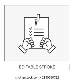  Document line icon. Fight by fists. Firing from job. Contract concept. Isolated vector illustration. Editable stroke