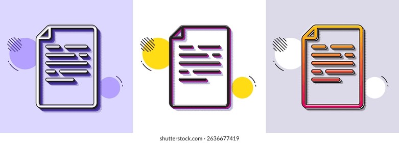 Document line icon. Halftone dotted pattern. Gradient icon with grain shadow. Doc file page sign. Office note symbol. Line document icon. Various designs. Vector