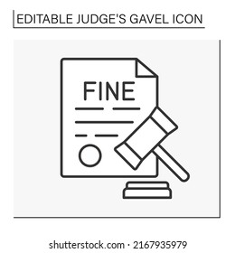  Icono de línea de documento. Decisión judicial. Castigo para pagar una suma de dinero por un acto ilegal o por un gobierno quebrantado. Concepto del juez Gavel. Isolar ilustración vectorial. Trazo editable