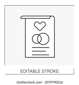  Document line icon. Marriage certificate. Notarized document about civil marriage. Wedding concept. Isolated vector illustration. Editable stroke