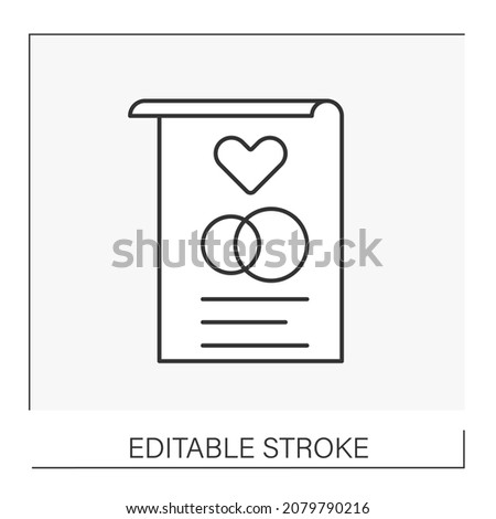  Document line icon. Marriage certificate. Notarized document about civil marriage. Wedding concept. Isolated vector illustration. Editable stroke