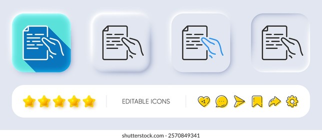 Document line icon. Neumorphic, Flat shadow, 3d buttons. Hold doc file page sign. Office note symbol. Line hold document icon. Social media icons. Vector