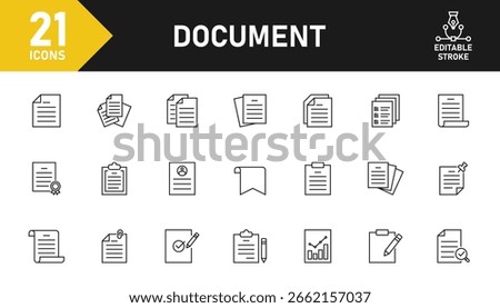Document line icon set. Set of 21 outline icons related to document, clipboard, contract papers, archive, folder, proposal, script and others. Editable stroke. Vector illustration.