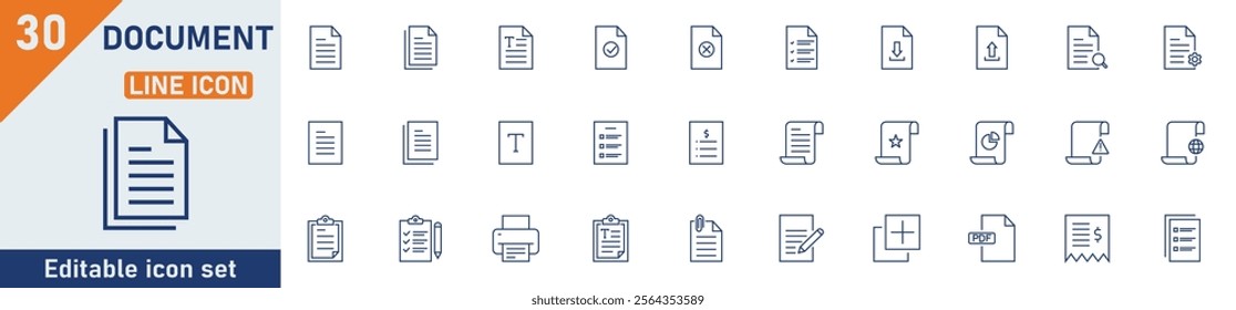 Document line icon set. Set of 30 outline icons related to document, clipboard, contract papers, folder, certificate, invoice, archive and others. Editable stroke. Vector illustration.