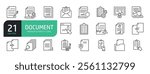 Document line icon set. The set contains icons as Paper, Pen, Document, Page, Sheet, Copy, Report, Document Approved, Checklist, Archive, Document Searching and more.