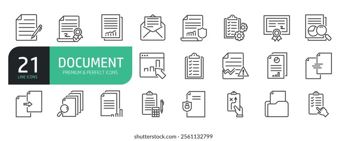 Document line icon set. The set contains icons as Paper, Pen, Document, Page, Sheet, Copy, Report, Document Approved, Checklist, Archive, Document Searching and more.