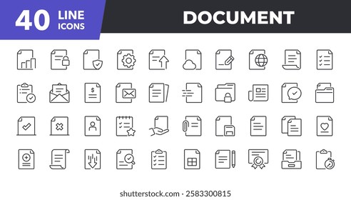 Document Line Icon Set. Contains such icons as File, Folder, Download, Archive, Clipboard. Vector illustration