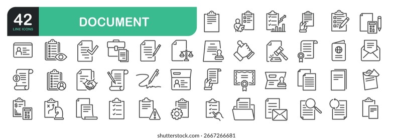 Symbolsatz für Dokumentzeile. Das Set enthält Symbole wie Papier, Stift, Dokument, Seite, Blatt, Kopieren, Bericht, Dokument genehmigt, Checkliste, Archiv, Dokumentsuche und mehr.