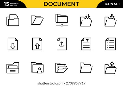 Document Line Icon Set. Contains such icons as File, Folder, Download, Archive, Clipboard. Thin outline icons pack. Vector illustration