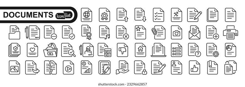  Conjunto de iconos de línea de documento. Colección de símbolos Documents. Ilustración vectorial de iconos de documentos diferentes