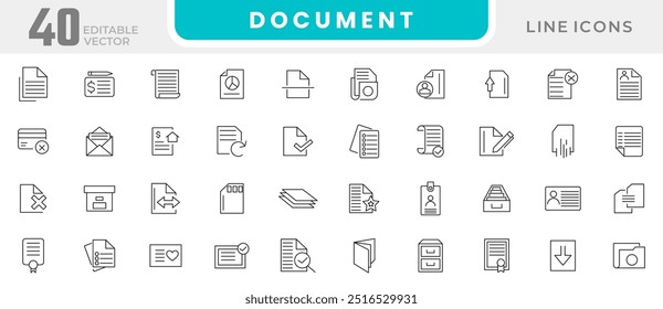 Conjunto de ícones da linha do documento.  Pedido de encomenda, documento de relatório contendo passaporte, contrato, contrato, bilhete de identidade, certificado, licença, lei e conjunto de ícones de linha de justiça. Pacote de ícones de linha fina da interface do usuário.