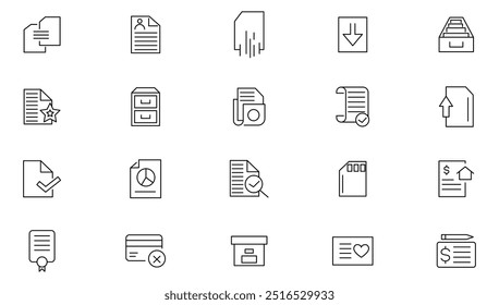 Document line icon set.  Order application, report paper containing passport, contract, agreement, ID card, certificate, license, law, and justice line icon set. UI thin line icon pack.