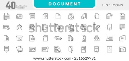 Document line icon set.  Order application, report paper containing passport, contract, agreement, ID card, certificate, license, law, and justice line icon set. UI thin line icon pack.
