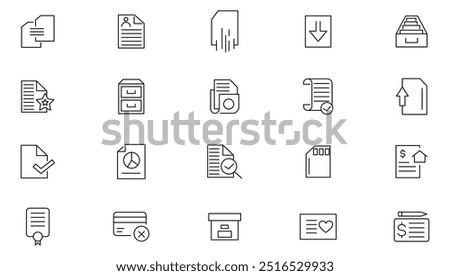 Document line icon set.  Order application, report paper containing passport, contract, agreement, ID card, certificate, license, law, and justice line icon set. UI thin line icon pack.