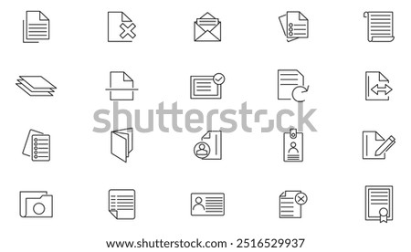 Document line icon set.  Order application, report paper containing passport, contract, agreement, ID card, certificate, license, law, and justice line icon set. UI thin line icon pack.