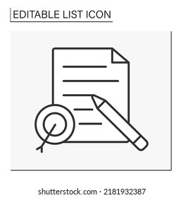  Icono de línea de documento. Apuntar. Objetivos alcanzados. Carta con información de escritura a lápiz. Concepto de lista. Ilustración vectorial aislada. Trazo editable