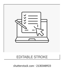  Icono de línea de documento.Lista de comprobación preparada en el portátil.Pulsando con el cursor. Concepto de contrato. Ilustración vectorial aislada. Trazo editable