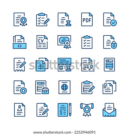 Document line icons. Blue color. Vector line icons set