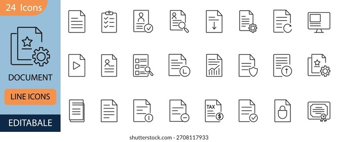 Conjunto de iconos de línea de documento. Contiene símbolos para la gestión de archivos, datos, informes, contratos y flujo de trabajo de oficina. Diseño de Vectores de línea para presentaciones empresariales y corporativas.